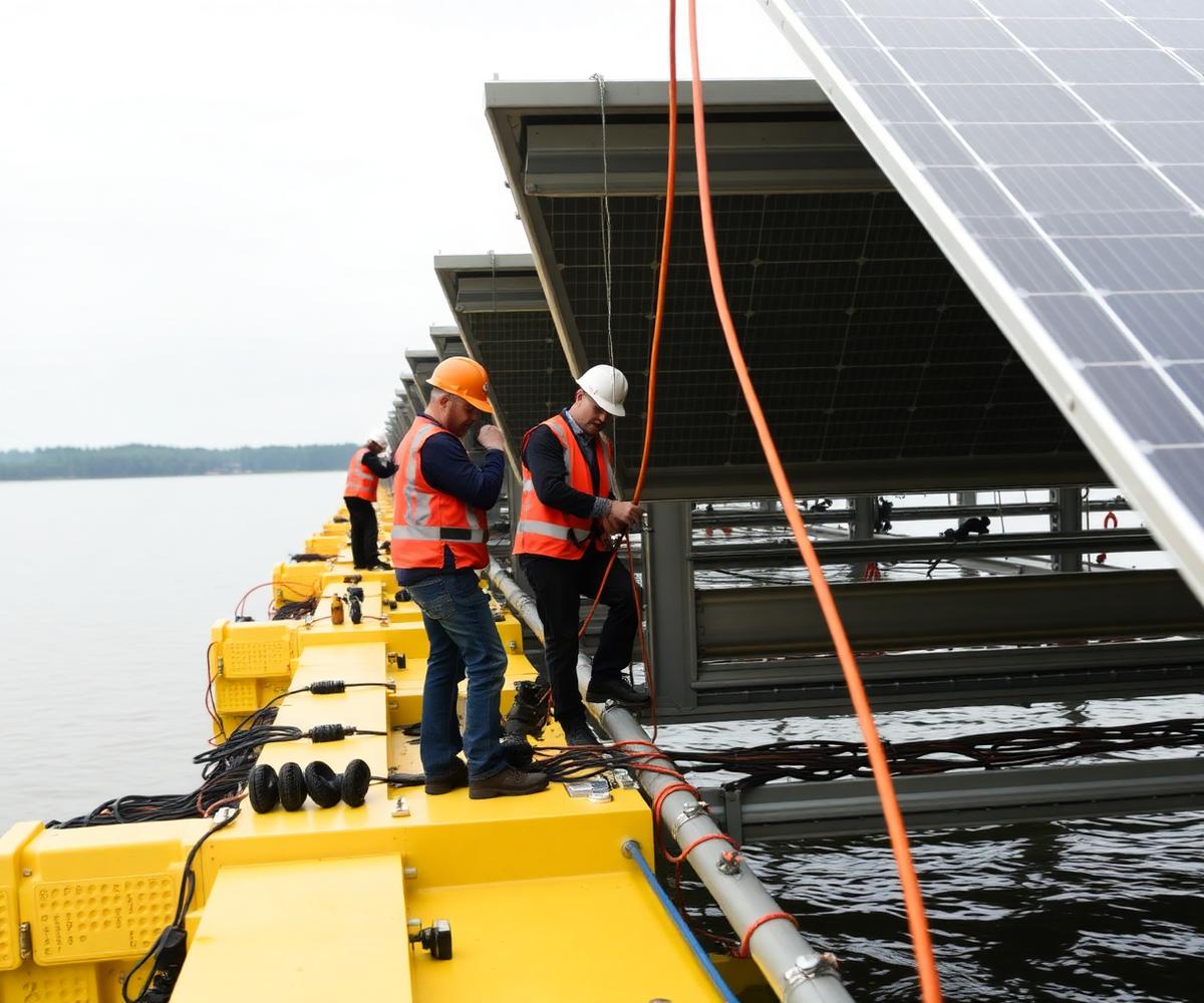 Crews installing electrical cabling on a floating solar array